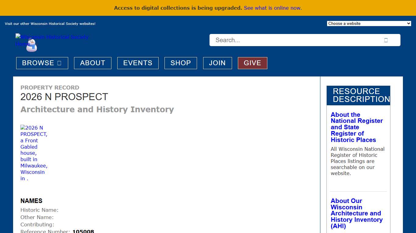 2026 N PROSPECT Property Record Wisconsin Historical Society